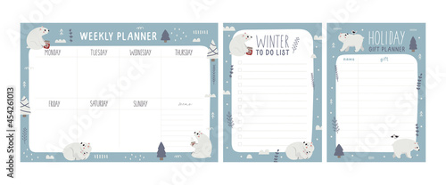 Set of vector weekly planner, gift planner and todo list with Polar Bears, Christmas trees, decorative elements, new year illustration