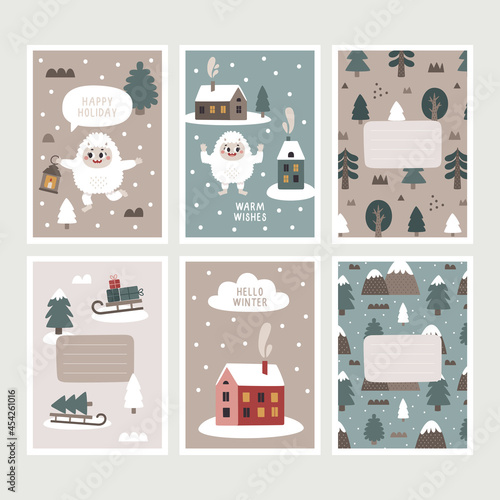 Christmas wild winter vector cute cards with Yeti characters, Bigfoot, stones, snow, Christmas tree, a warming candle, lantern in Scandinavian Boho style