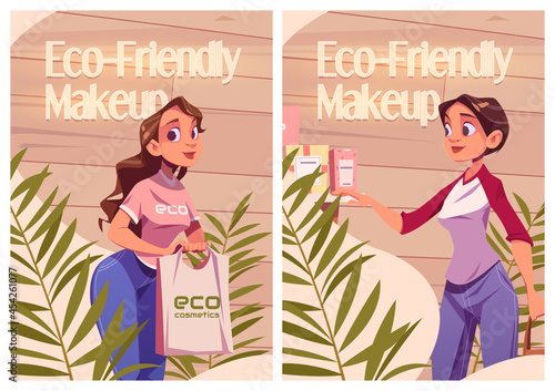 Eco friendly cosmetics cartoon ads posters. Women in beauty store choose makeup or skincare production, girl holding bag with makeup in shop with cosmetic products on shelves, Vector illustration
