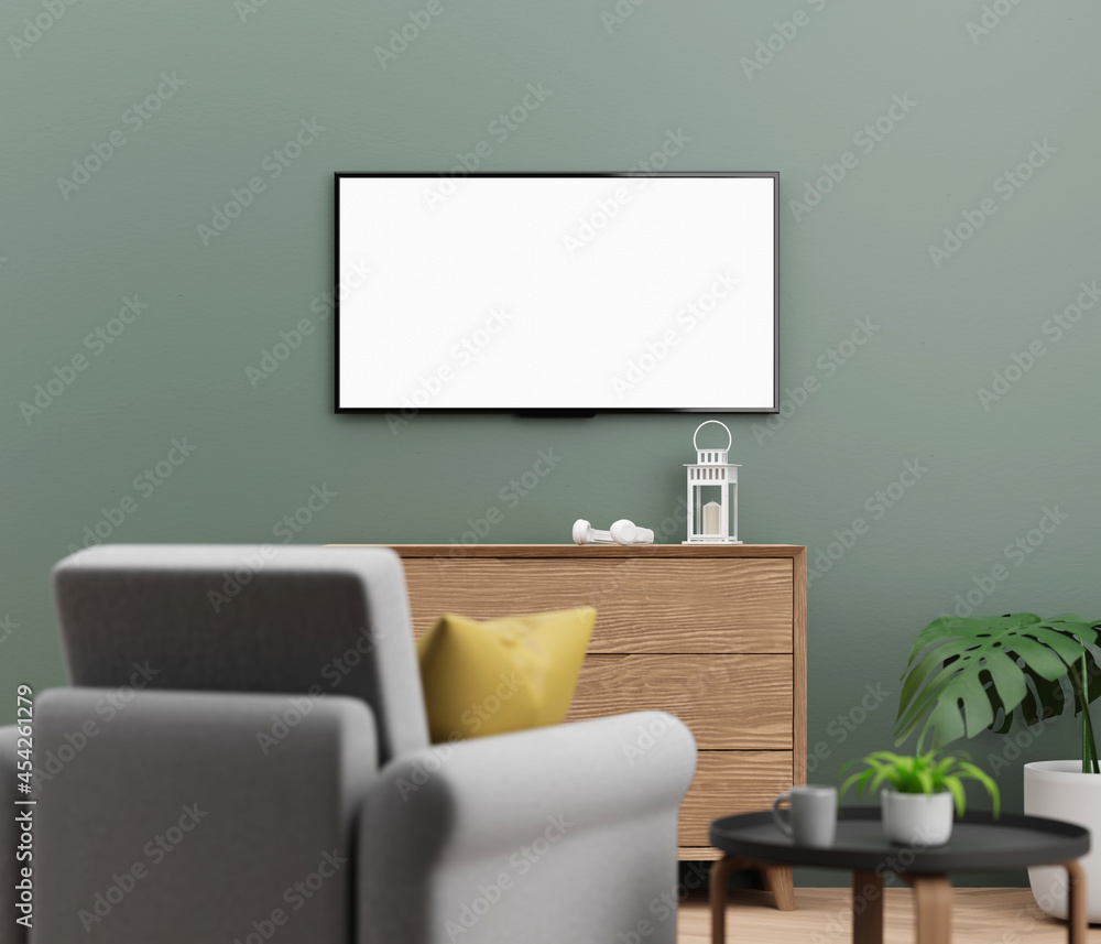 3D illustration Tv screen Mock up with minimal living room with wooden furniture and coffee table 3D illustration Tv screen Mock up with minimal living room with wooden furniture and coffee table