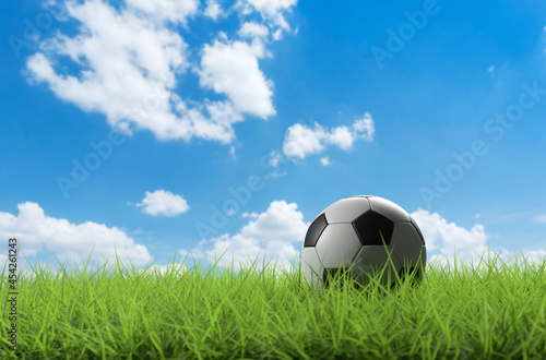 3D illustration 3D soccer ball on green grass with blue sky
