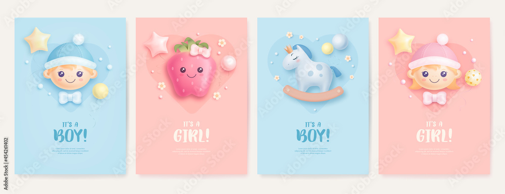 Set of baby shower invitation with cartoon boy, girl, horse and strawberry on blue and pink background. It's a boy. It's a girl. Vector illustration