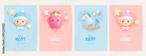 Set of baby shower invitation with cartoon boy, girl, horse and strawberry on blue and pink background. It's a boy. It's a girl. Vector illustration