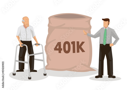 Senior elderly man stand with bag of dollar for his retirement