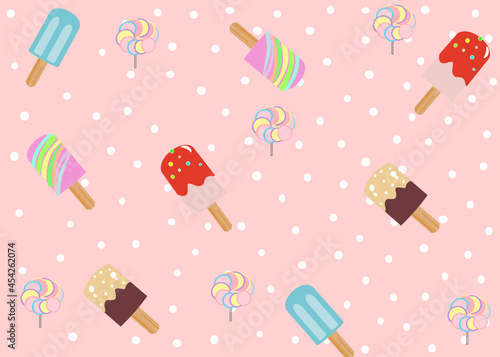  Sweet colorful Ice cream seamless pattern with polka dot background.