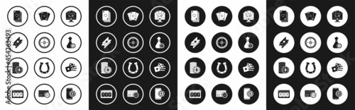 Set Online poker table game, Casino roulette wheel, Lottery ticket, Playing card with heart, Money bag and casino chips, diamonds, Game dice and dollar icon. Vector