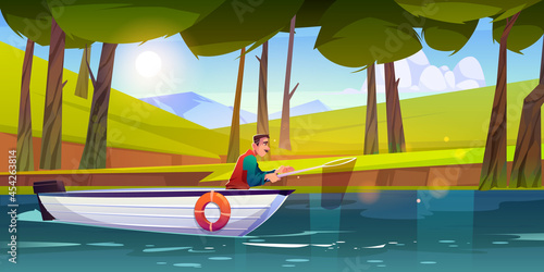 Man fishing in forest lake with scoop net. Vector cartoon illustration of fisherman in white boat floating on water. Summer landscape of woods with trees, green grass, pond and mountains on horizon