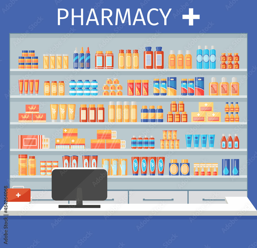 Pharmacy shelf with medical products. Medicines and medications on drugstore shelves. Pharmaceutical counter with pills, bottles packets liquids syrup capsules. Hospital store. Vector illustration