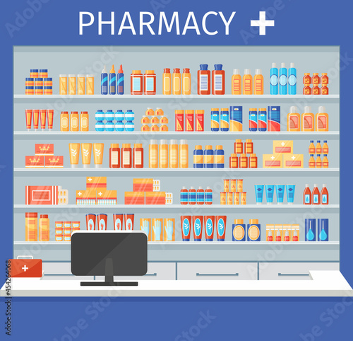 Pharmacy shelf with medical products. Medicines and medications on drugstore shelves. Pharmaceutical counter with pills, bottles packets liquids syrup capsules. Hospital store. Vector illustration