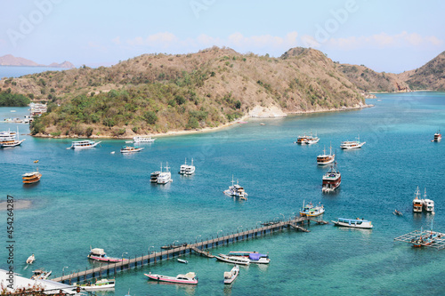 Aerial view of harbor with many boat on Labuan Bajo Island