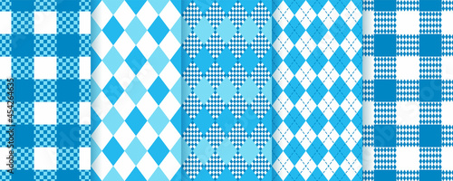 Octoberfest seamless patterns. Blue argyle checkered textures. Oktoberfest diamond backgrounds. Set plaid prints with rhombus. Modern geometric backdrop. Vector illustration.
