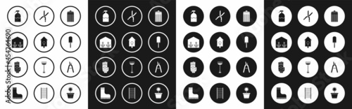 Set Trash can, Retro wall watch, Home greenhouse and plants, Garden sprayer, trowel spade or shovel, Gardening handmade scissors, and gloves icon. Vector
