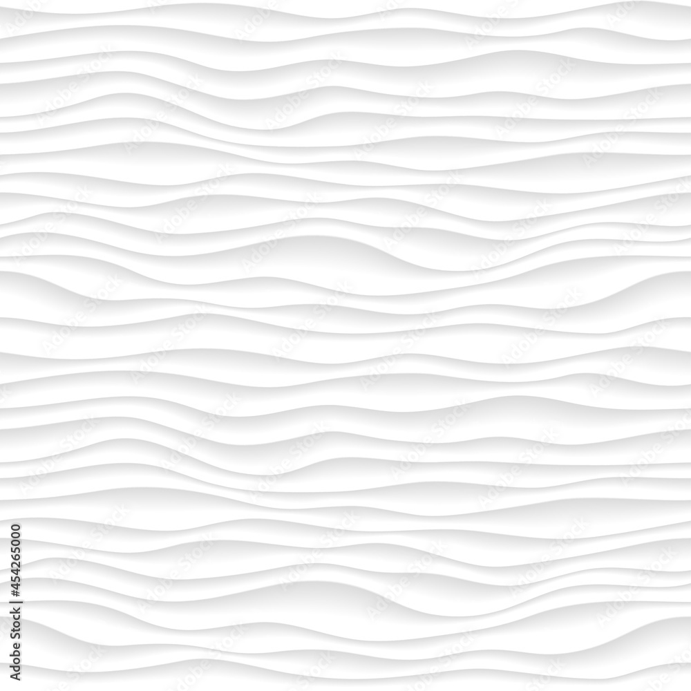 Abstract gradient pattern with volumetrical waves. Dunes 3d relief, interior wall decorative panel. Curved lines background. White surface terrain texture. Vector illustration.