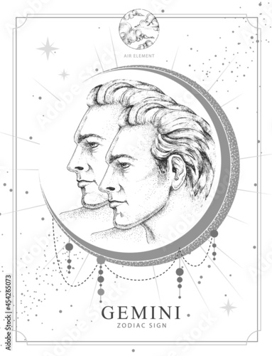 Modern magic witchcraft card with astrology Gemini zodiac sign. Realistic hand drawing men portraits illustration. Zodiac characteristic