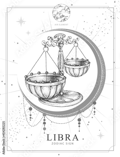 Modern magic witchcraft card with astrology Libra zodiac sign. Realistic hand drawing scales illustration