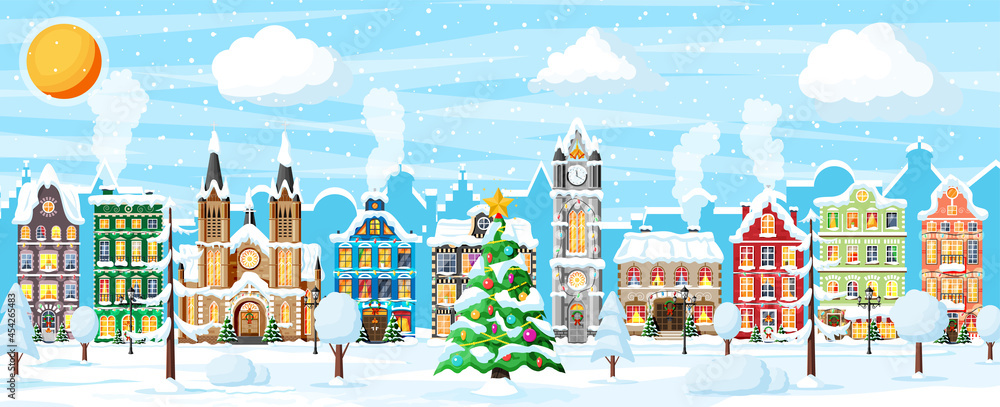 Christmas Card with Urban Landscape and Snowfall. Cityscape with Colorful Houses with Snow in Day. Winter Village, Cozy Town City Panorama. New Year Christmas Xmas Banner. Flat Vector Illustration