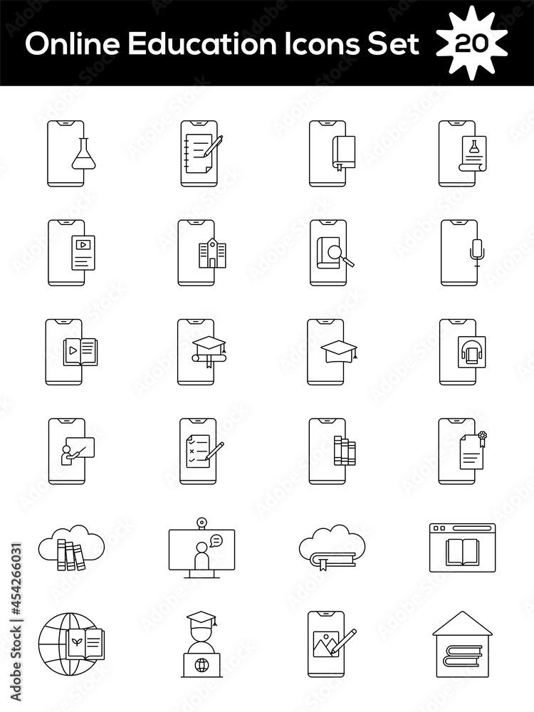 Flat Style Online Education Line Art Icon Set. Flat Style Online Education Line Art Icon Set.