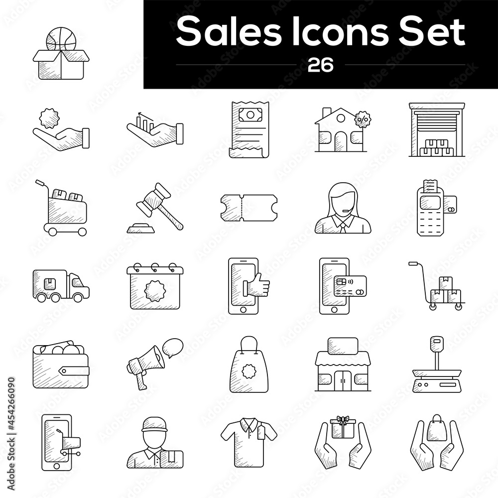 Black Line Art Set Of Sales Icon In Flat Style. Black Line Art Set Of Sales Icon In Flat Style.