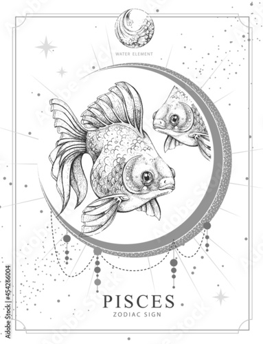 Modern magic witchcraft card with astrology Pisces zodiac sign. Realistic hand drawing koi fish illustration