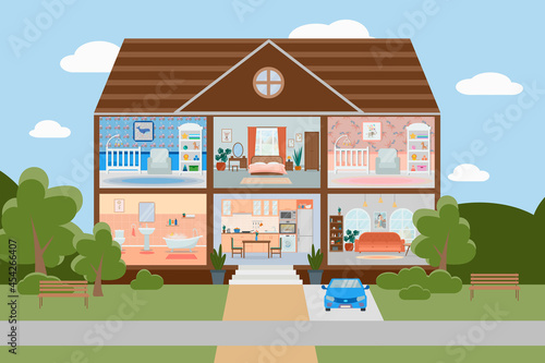 House cut. Detailed home interior with furniture. Kitchen, living room, bedroom, children's rooms for girls and boys.