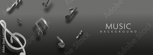 3D Rendering Music Notes Decorated On Black Stripe Pattern Background. Banner Or Header Design.