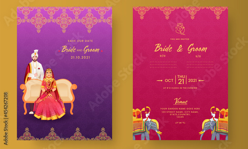 Indian Wedding Invitation Card Design With Hindu Bridegroom Illustration In Purple And Pink Color.