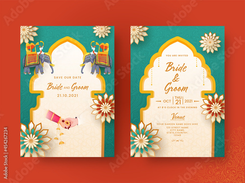 Indian Wedding Invitation Card Design In Front And Back Presentation.