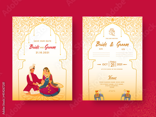 Elegant Wedding Invitation Template Layout With Hindu Bridegroom Character In Front And Back View.