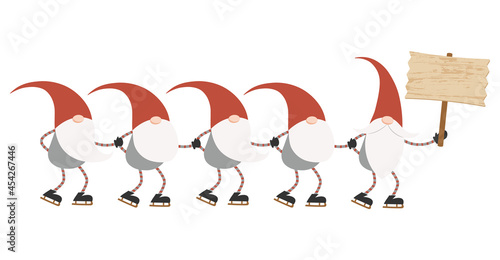 Cute and funny Scandinavian gnomes ice skating in a row. Flat cartoon style vector illustration.