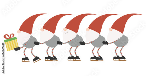 Cute and funny Scandinavian gnomes ice skating in a row. Flat cartoon style vector illustration.