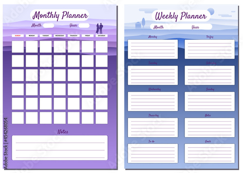 Monthly, Weekly, Planner template vector. Minimal landscape with couple background, To Do list, goals, notes. Business notebook management, organizer photo