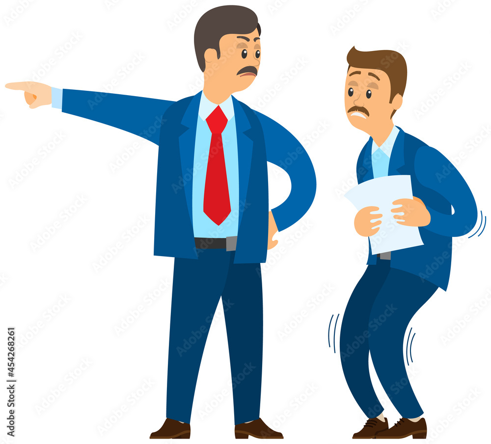Angry boss shouting to employee. Conflict in office between chief and worker, stressed subordinate. Director scolds scared worker because of mistake, problems at work, fires, kicks him out of work Angry boss shouting to employee. Conflict in office between chief and worker, stressed subordinate. Director scolds scared worker because of mistake, problems at work, fires, kicks him out of work