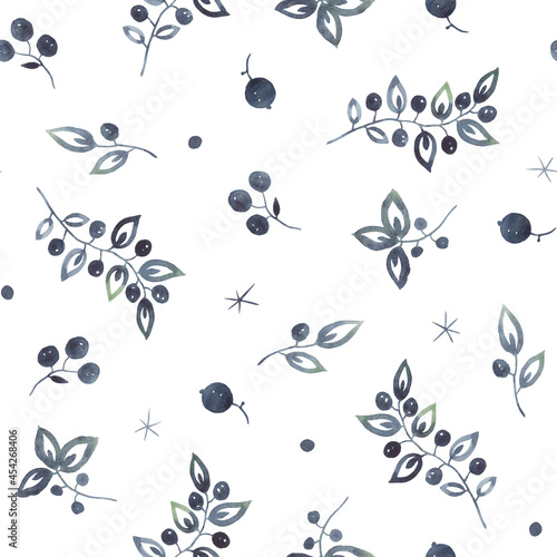Christmas floral pattern with abstract branches, leaves and berries dark blue color indigo. Watercolor print isolated on white background, holiday illustration of abstract design elements. © Nikole
