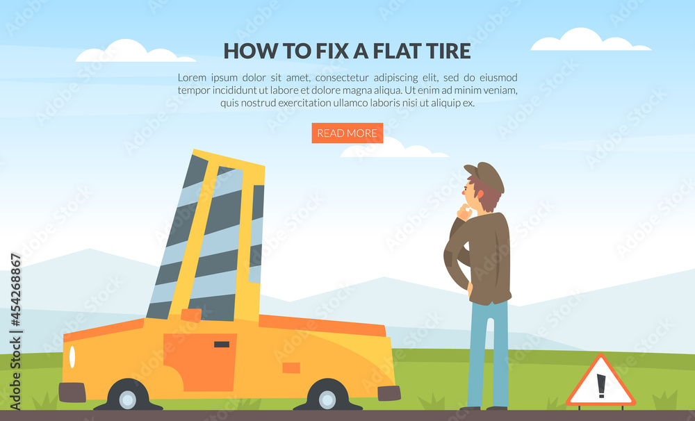 Car Accident with Motor Vehicle Having Tires Blowout Vector Web Page Template