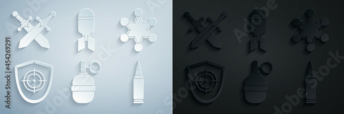Set Hand grenade, Police badge, Target sport, Bullet, Aviation bomb and Crossed medieval sword icon. Vector