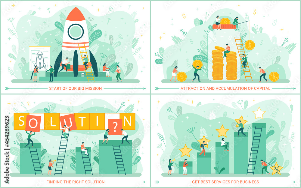 Set of illustrations about starting new project. Business startup, successful strategy concept. People work to attract investors and generate income. Rocket launch, rating system, capital accumulation