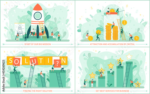 Set of illustrations about starting new project. Business startup, successful strategy concept. People work to attract investors and generate income. Rocket launch, rating system, capital accumulation