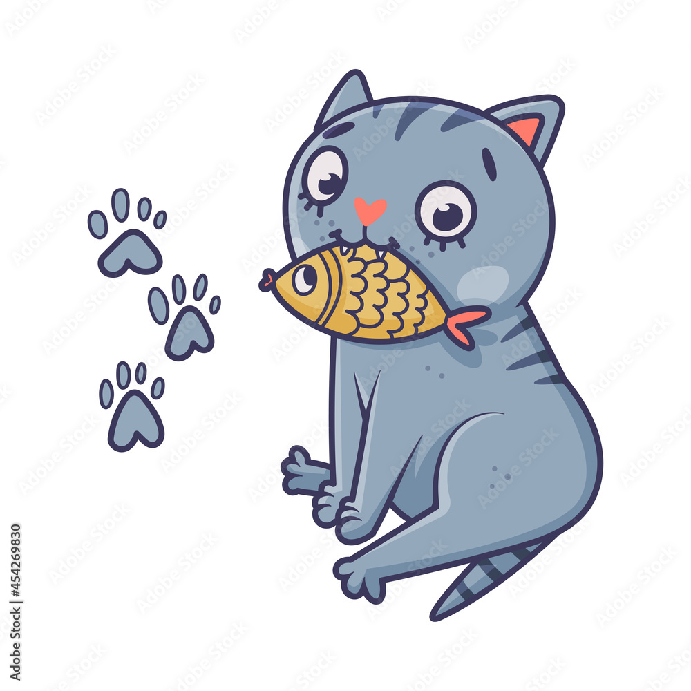 Obraz premium Funny Blue Cat with Striped Tail Sitting with Fish in Its Mouth Vector Illustration