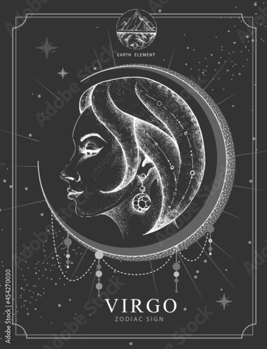 Modern magic witchcraft card with astrology Virgo zodiac sign. Realistic hand drawing woman head