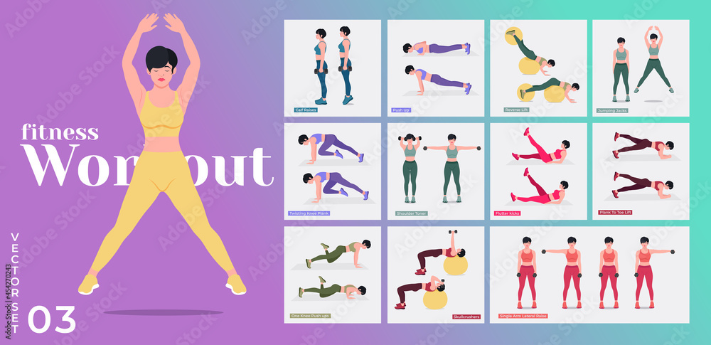 Women Workout Set. Women doing fitness and yoga exercises. Stock