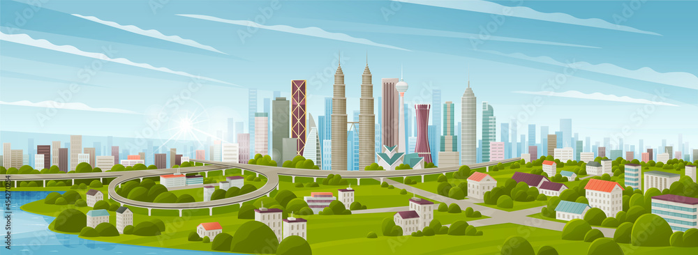 Naklejka premium Simple flat style illustration of Kuala Lumpur city in Malaysia and skyline landmarks. Panorama cityscape of middle Kuala Lumpur. Famous buildings and landmarks included Malaysia. City center day time