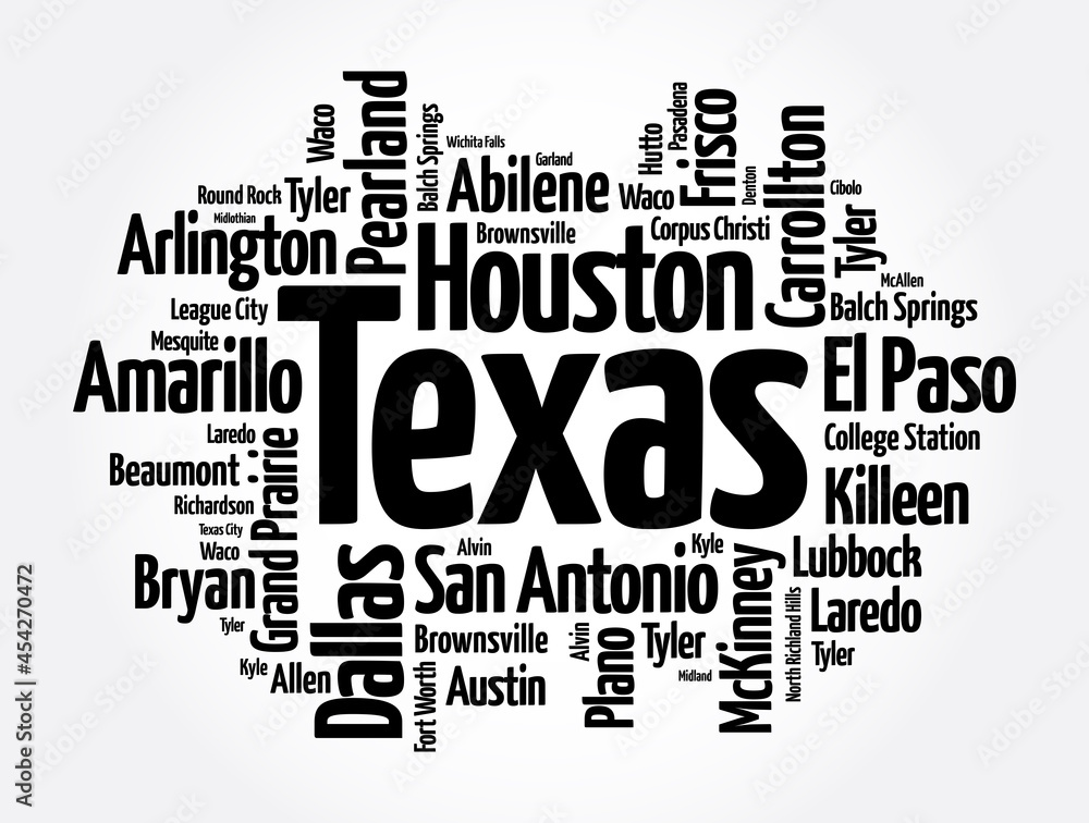 Fototapeta premium List of cities in Texas USA state word cloud, concept background