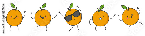 Set oranges character cartoon dancing funny fruit smiling face happy emotions icon logo vector illustration.