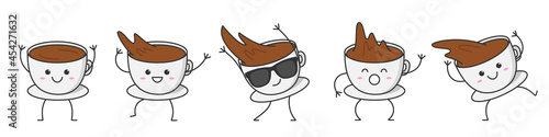 Cup of coffee set character cartoon dancing smiling face happy sweet emotions moves coffee drink vector illustration.