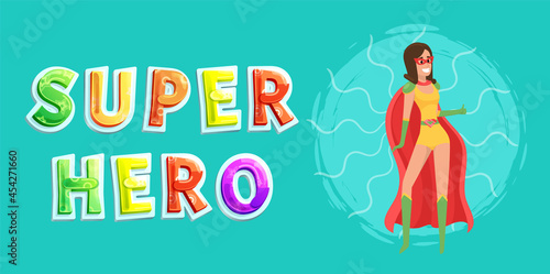 Superwoman smiling, waving hand and has superpowers. Cartoon character in superhero costume with cloak, mask and emblem stands on white background. Strong person protects people from villains