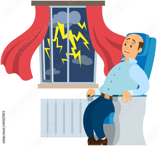 Terrified man is afraid of thunder and lightning. Human frightened by thunderstorm. Person suffering from astraphobia. Male character looks scared at rainy weather, thunderstorm outside window