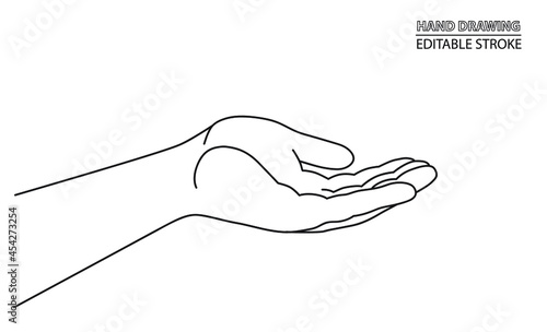 Hand drawn open hand sharing, begging, giving. Black and white vector design. One line hand sketch