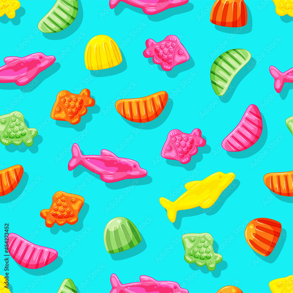 Jelly candies of fish and slices. Colored vitamins seamless pattern. Healthy sweets. Vector cartoon illustration