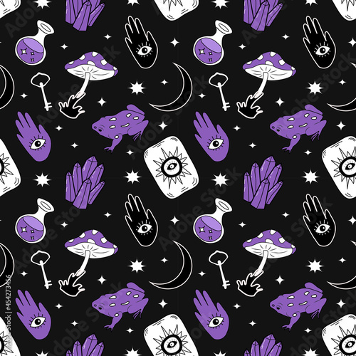 vector mad pattern on the theme of magic, mysticism, witchcraft, halloween, esoteric. flat style pattern with magic items (tarot, potions, mushrooms, crystals) for printing on fabric, wrapping paper