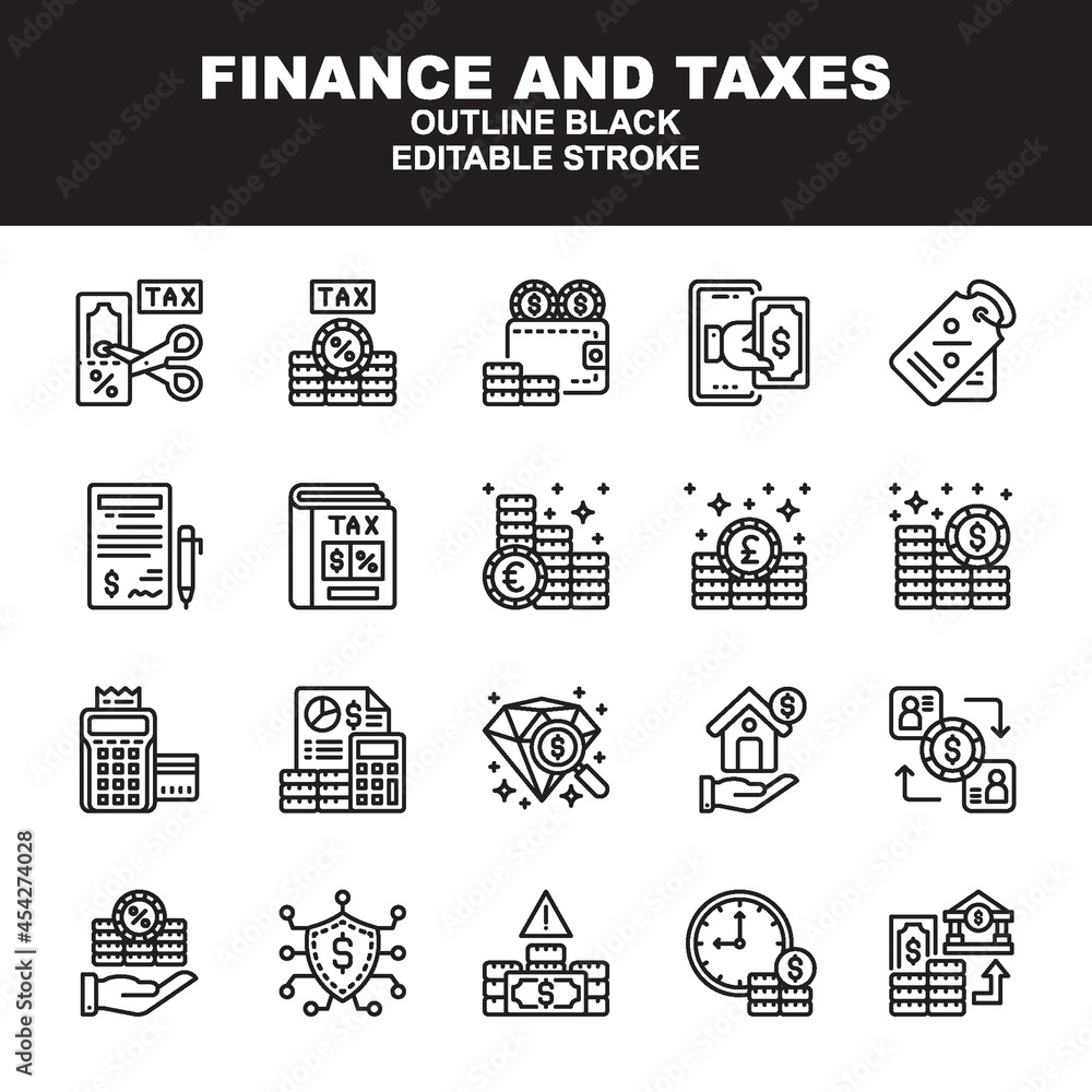 Finance and Taxes icons symbol set with outline black style. Contains such Icons as taxes, cut tax, budget, secure, banking, value and more. Editable stroke vector icon. Isolated on white background.